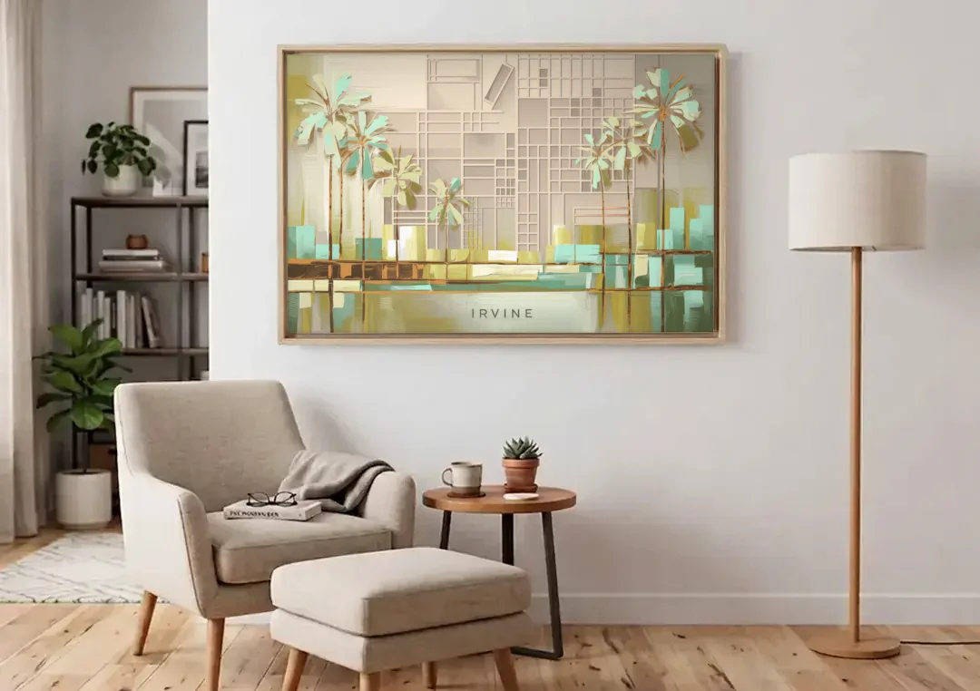 Irvine Urban Landscape canvas wall art above an armchair in a bright living room