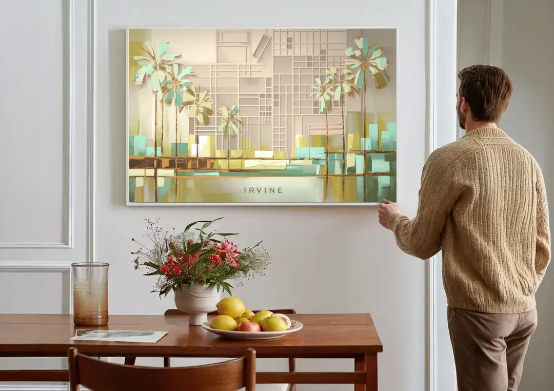 Irvine Urban Landscape canvas wall art above a dining table