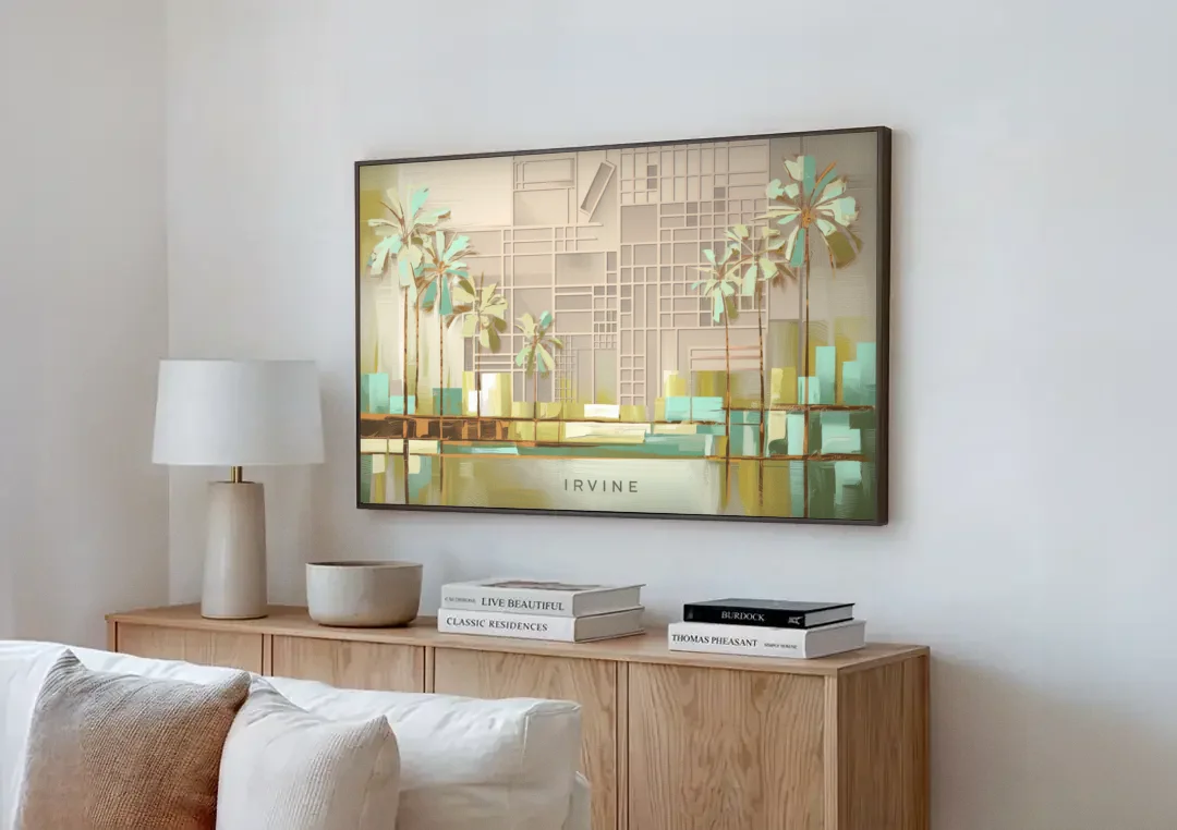 Irvine Urban Landscape canvas wall art above a wooden sideboard next to a sofa