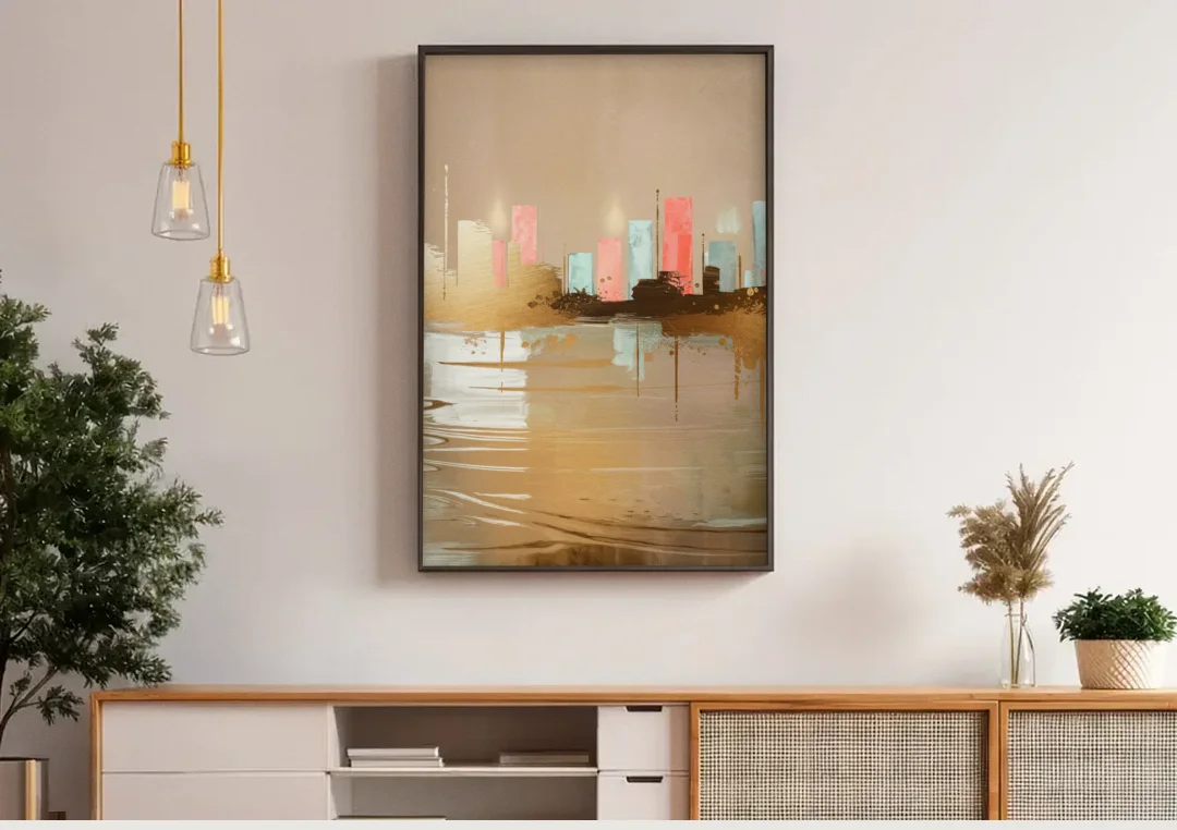 Irving Artistic Horizon canvas wall art above a wooden sideboard under pendant lights
