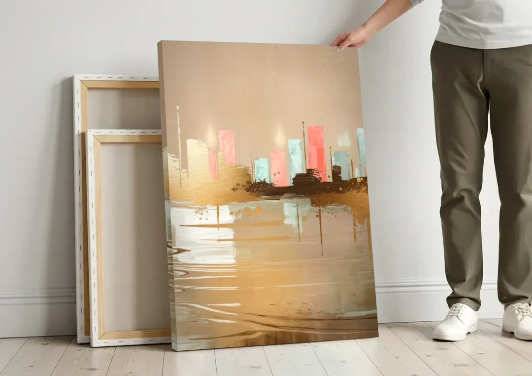Irving Artistic Horizon canvas wall art leaning against a wall next to blank canvases