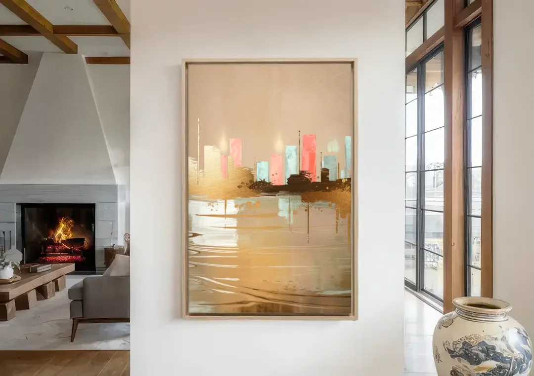 Irving Artistic Horizon canvas wall art in a living room with a fireplace