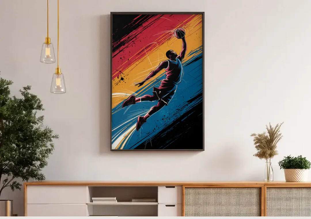 Irving Basketball Dreams canvas wall art above a wooden sideboard under pendant lights