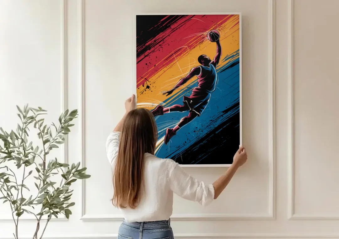 Irving Basketball Dreams canvas wall art being hung on a paneled wall