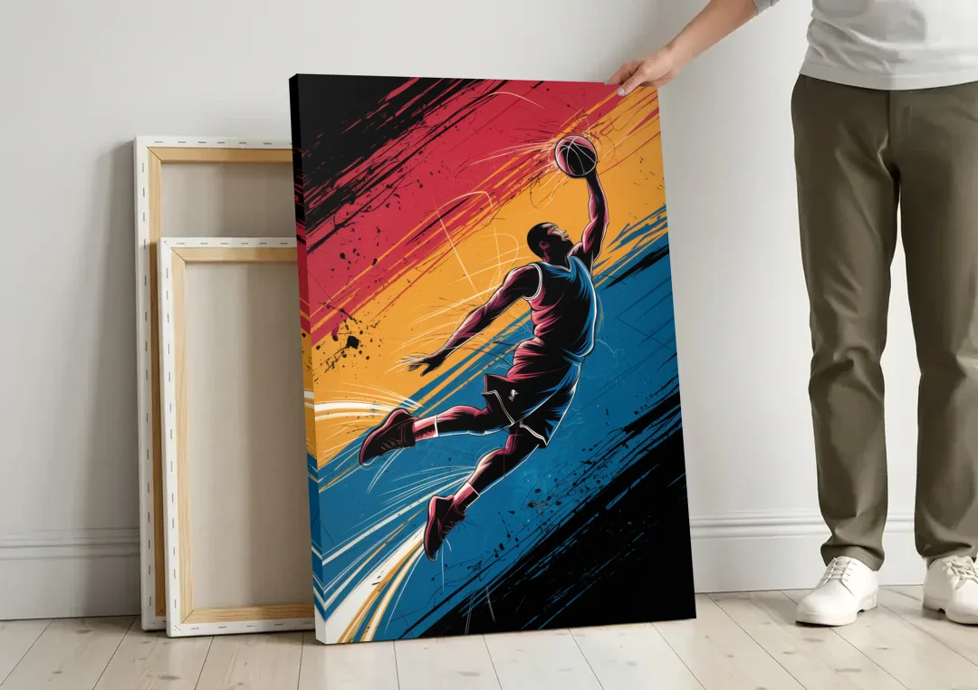 Irving Basketball Dreams canvas wall art leaning against a wall next to blank canvases