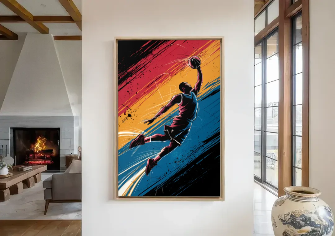 Irving Basketball Dreams canvas wall art in a living room with a fireplace