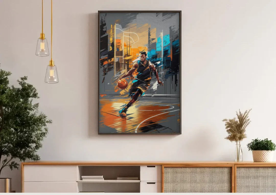Irving Basketball Legacy canvas wall art above a wooden sideboard under pendant lights