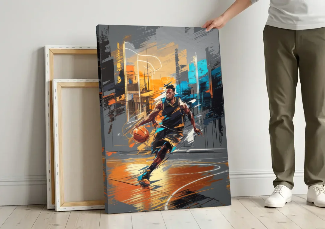 Irving Basketball Legacy canvas wall art leaning against a wall next to blank canvases