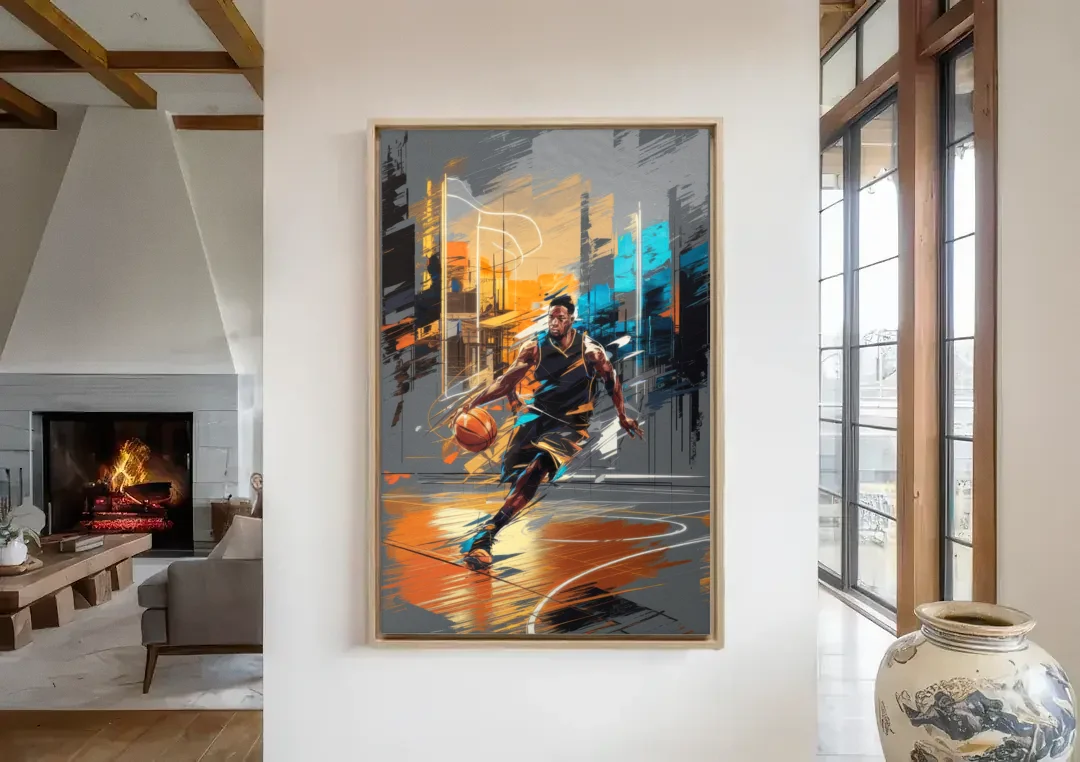 Irving Basketball Legacy canvas wall art in a living room with a fireplace