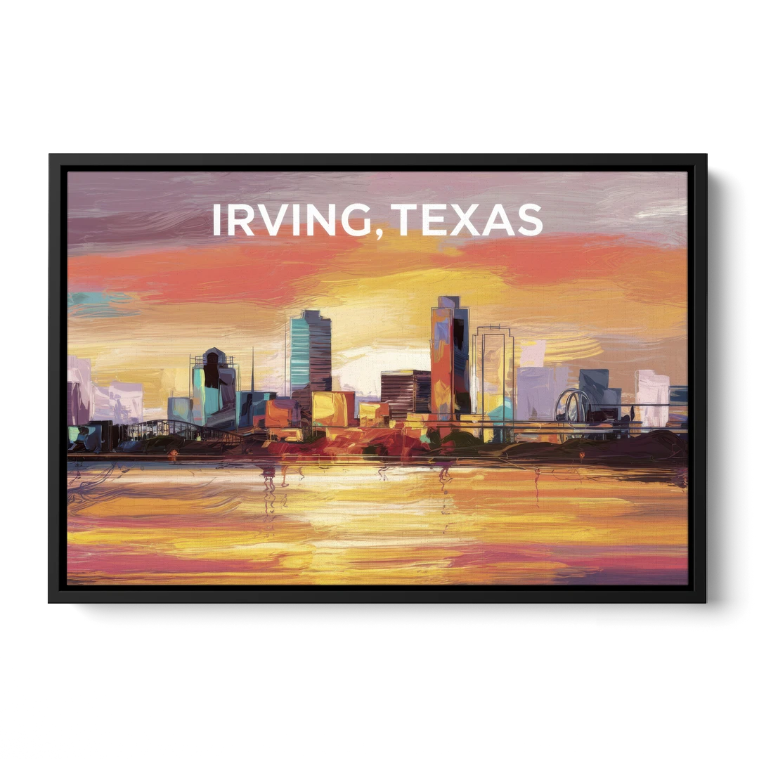Irving Cityscape Sunset - Black Framed Canvas Wall Art - Front