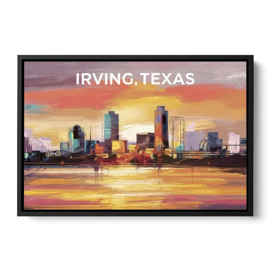 Irving Cityscape Sunset - Black Framed Canvas Wall Art - Front