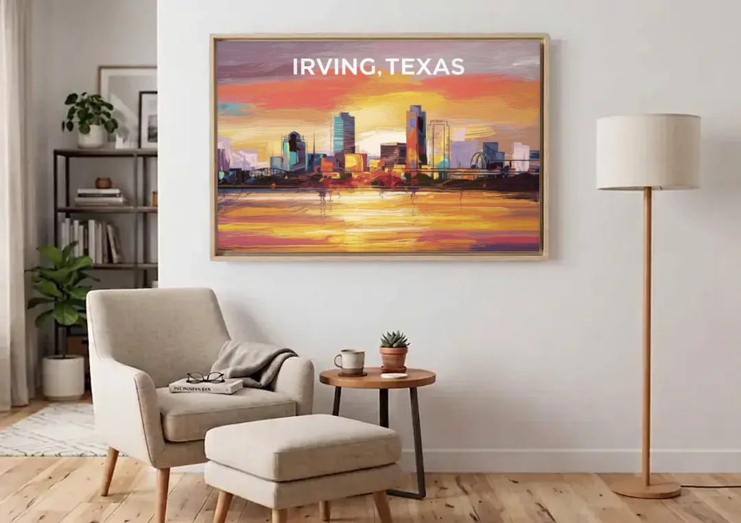 Irving Cityscape Sunset canvas wall art above an armchair in a bright living room