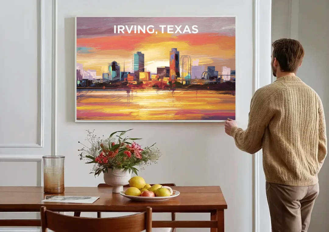 Irving Cityscape Sunset canvas wall art above a dining table