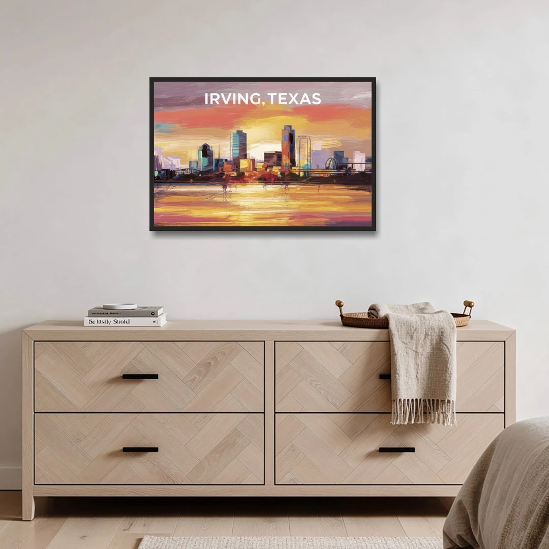 Irving Cityscape Sunset - Black Framed Canvas Wall Art - Coffee Table - 36x24