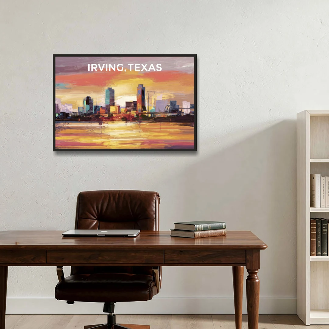 Irving Cityscape Sunset - Black Framed Canvas Wall Art - Office - 36x24