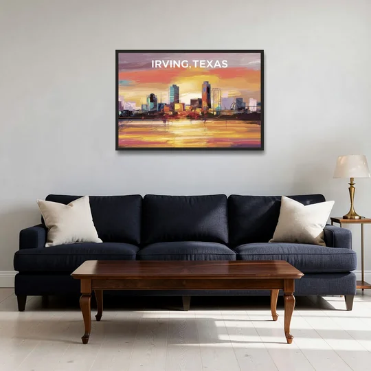 Irving Cityscape Sunset - Black Framed Canvas Wall Art - Sofa - 36x24