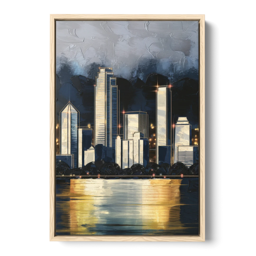 Irving Downtown Skyline - Oak Framed Canvas Wall Art - Front