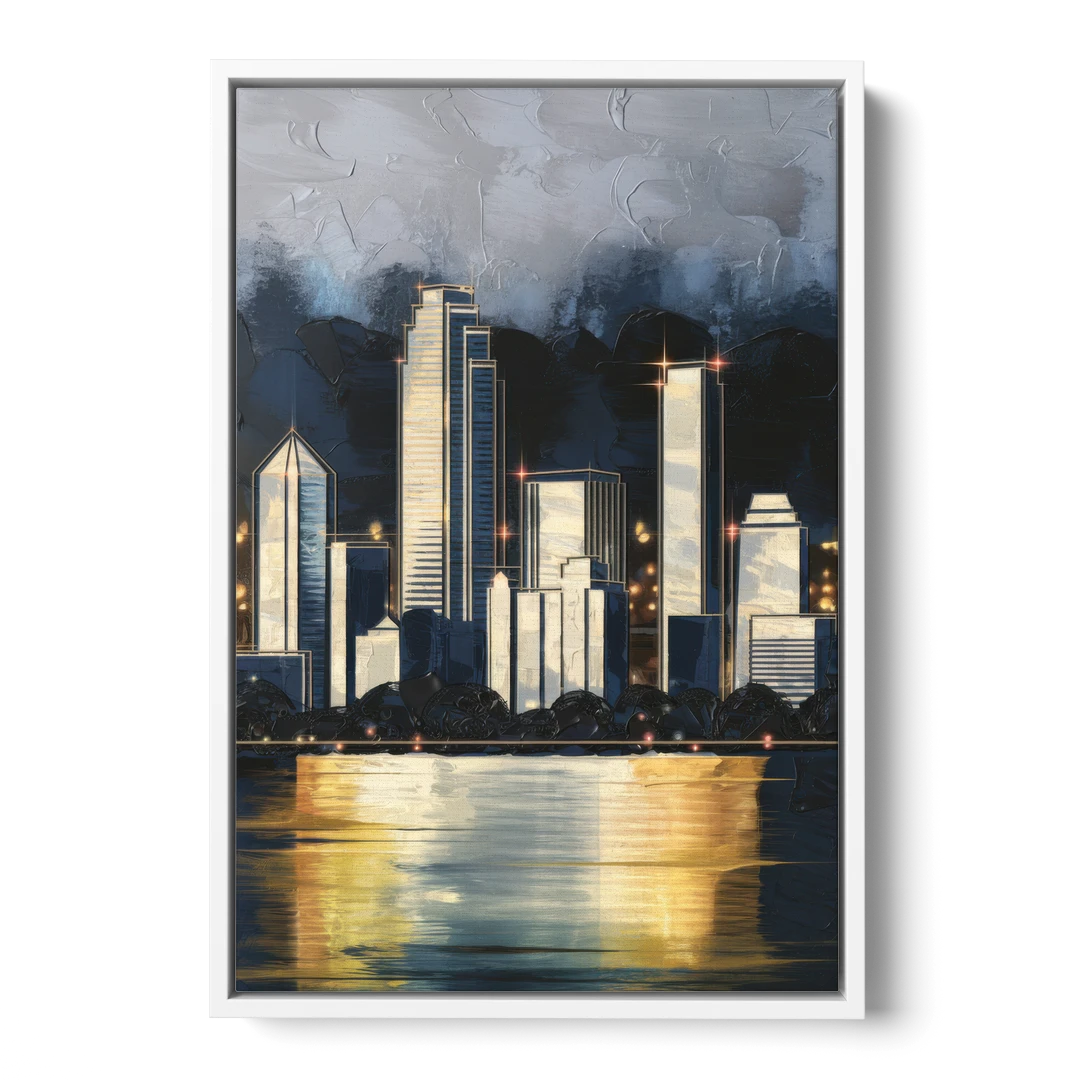 Irving Downtown Skyline - White Framed Canvas Wall Art - Front
