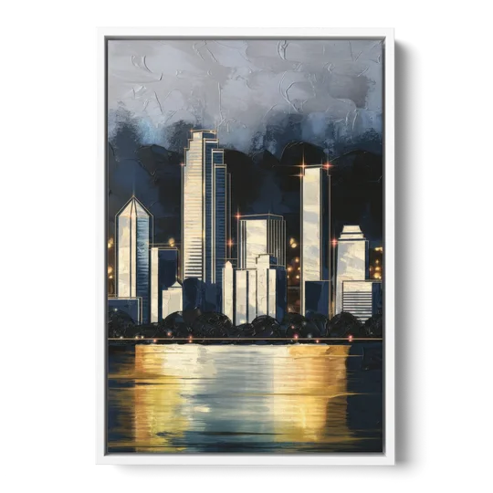 Irving Downtown Skyline - White Framed Canvas Wall Art - Front