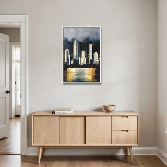 Irving Downtown Skyline - White Framed Canvas Wall Art - Coffee Table - 24x36
