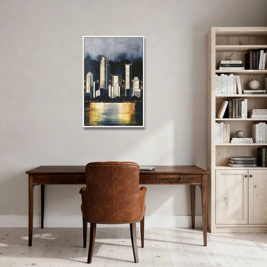Irving Downtown Skyline - White Framed Canvas Wall Art - Office - 24x36