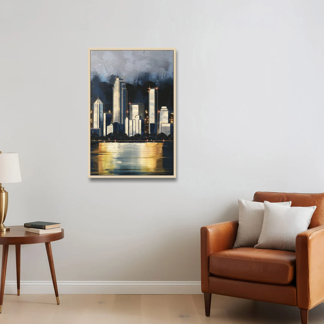 Irving Downtown Skyline - Oak Framed Canvas Wall Art - Sofa - 24x36