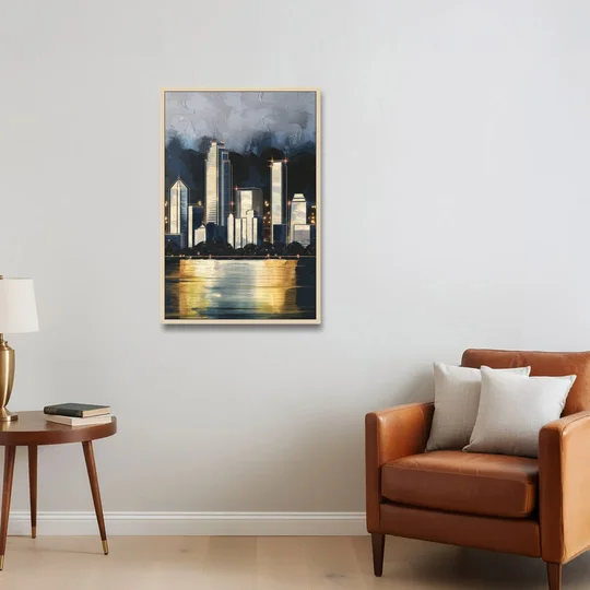 Irving Downtown Skyline - Oak Framed Canvas Wall Art - Sofa - 24x36