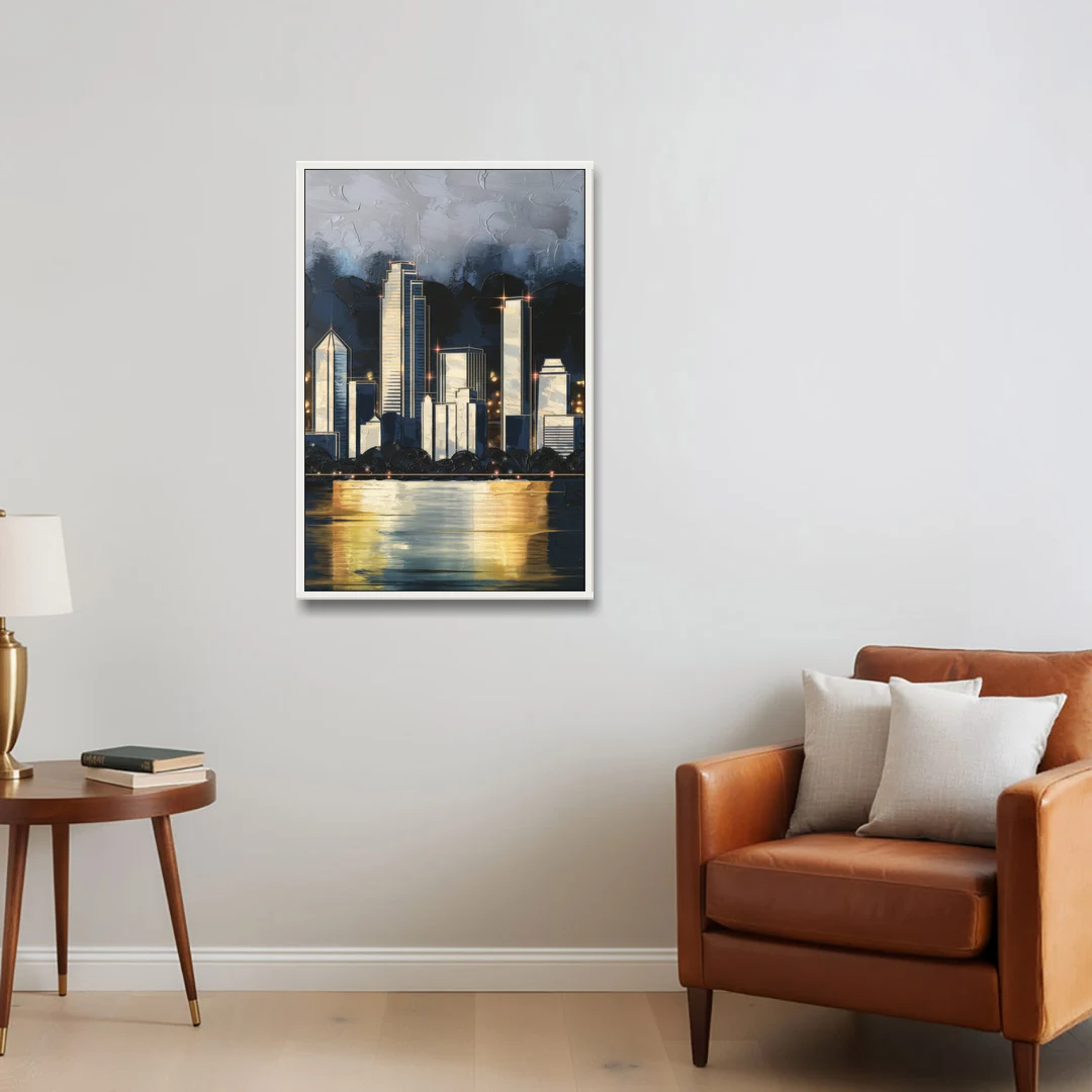 Irving Downtown Skyline - White Framed Canvas Wall Art - Sofa - 24x36
