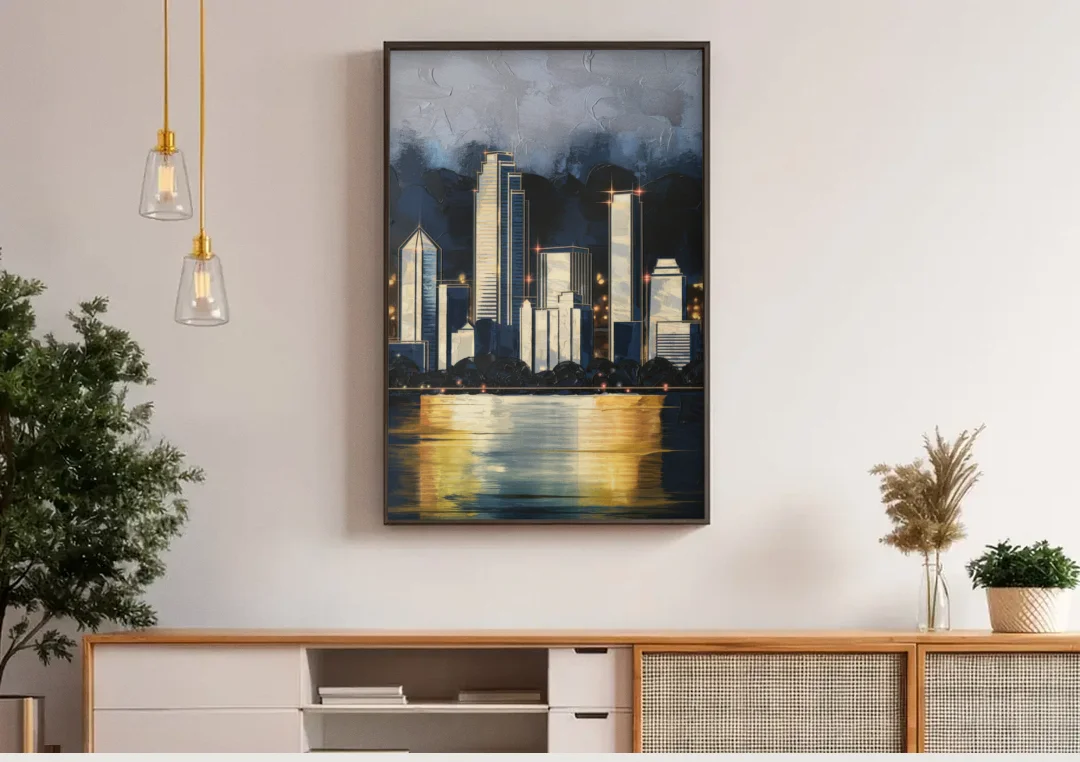 Irving Downtown Skyline canvas wall art above a wooden sideboard under pendant lights