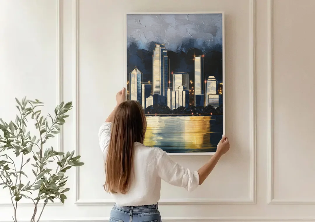 Irving Downtown Skyline canvas wall art being hung on a paneled wall