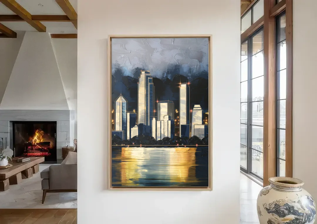 Irving Downtown Skyline canvas wall art in a living room with a fireplace