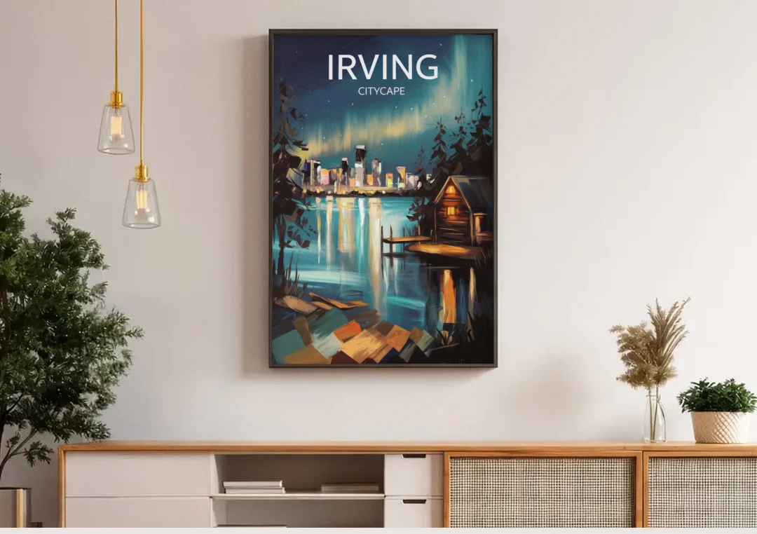 Irving Night Lights canvas wall art above a wooden sideboard under pendant lights