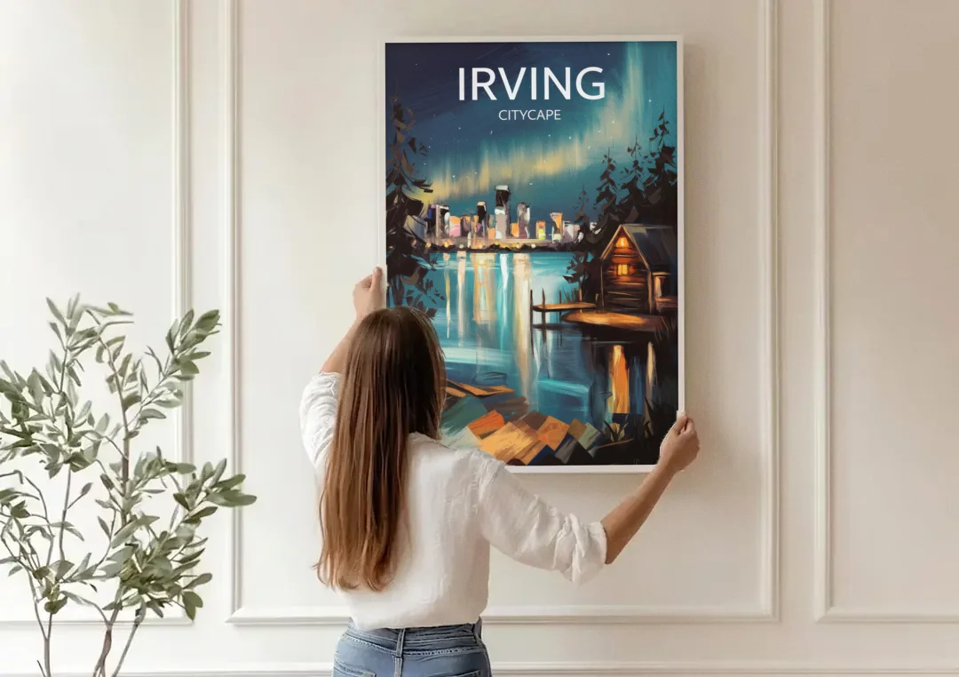 Irving Night Lights canvas wall art being hung on a paneled wall