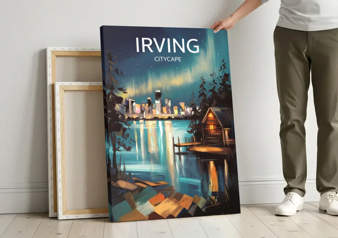 Irving Night Lights canvas wall art leaning against a wall next to blank canvases