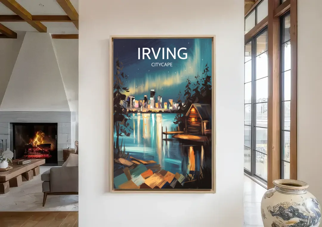 Irving Night Lights canvas wall art in a living room with a fireplace