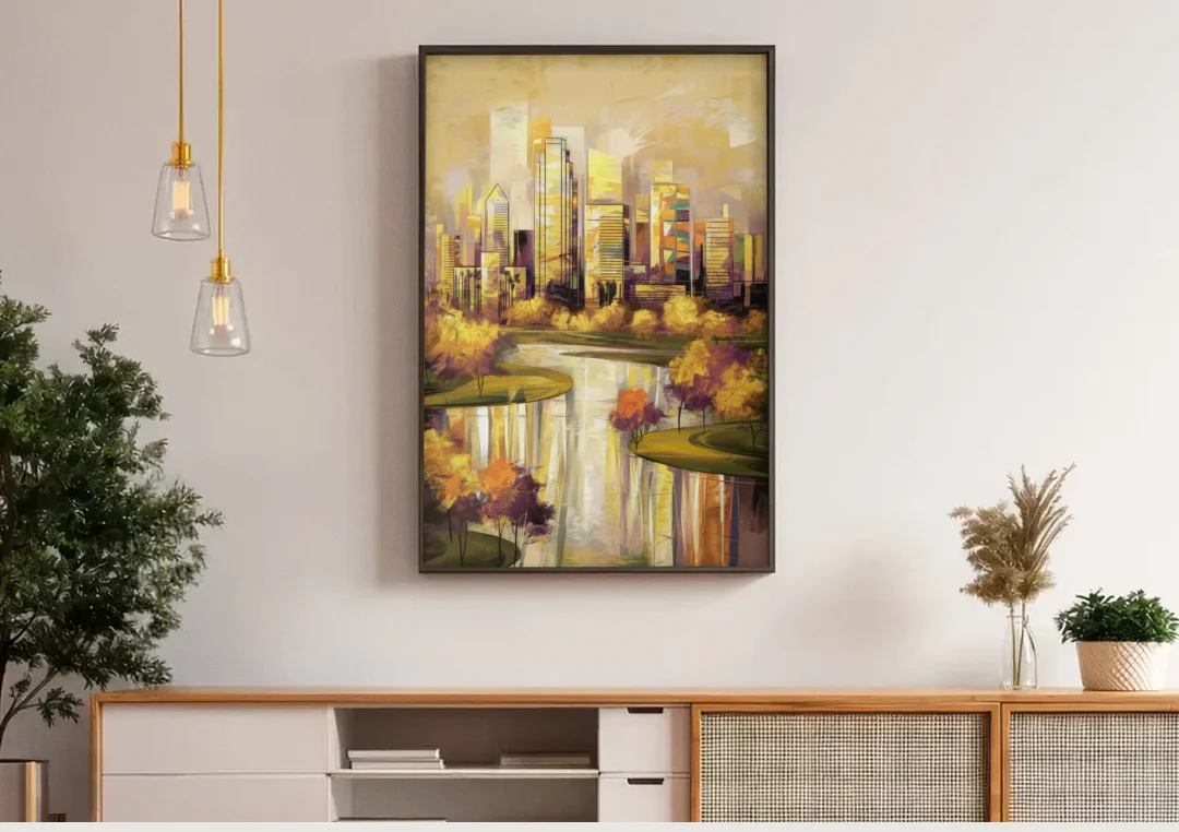 Irving Scenic Views canvas wall art above a wooden sideboard under pendant lights