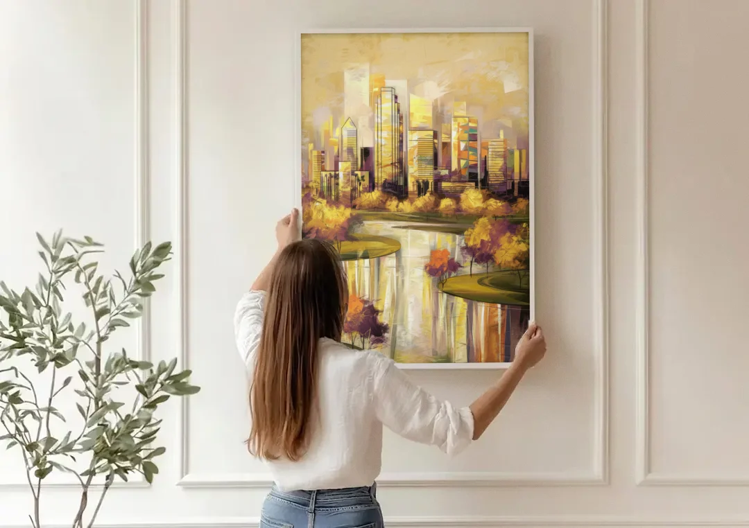 Irving Scenic Views canvas wall art being hung on a paneled wall