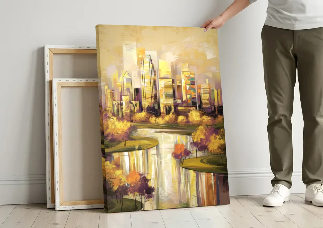 Irving Scenic Views canvas wall art leaning against a wall next to blank canvases