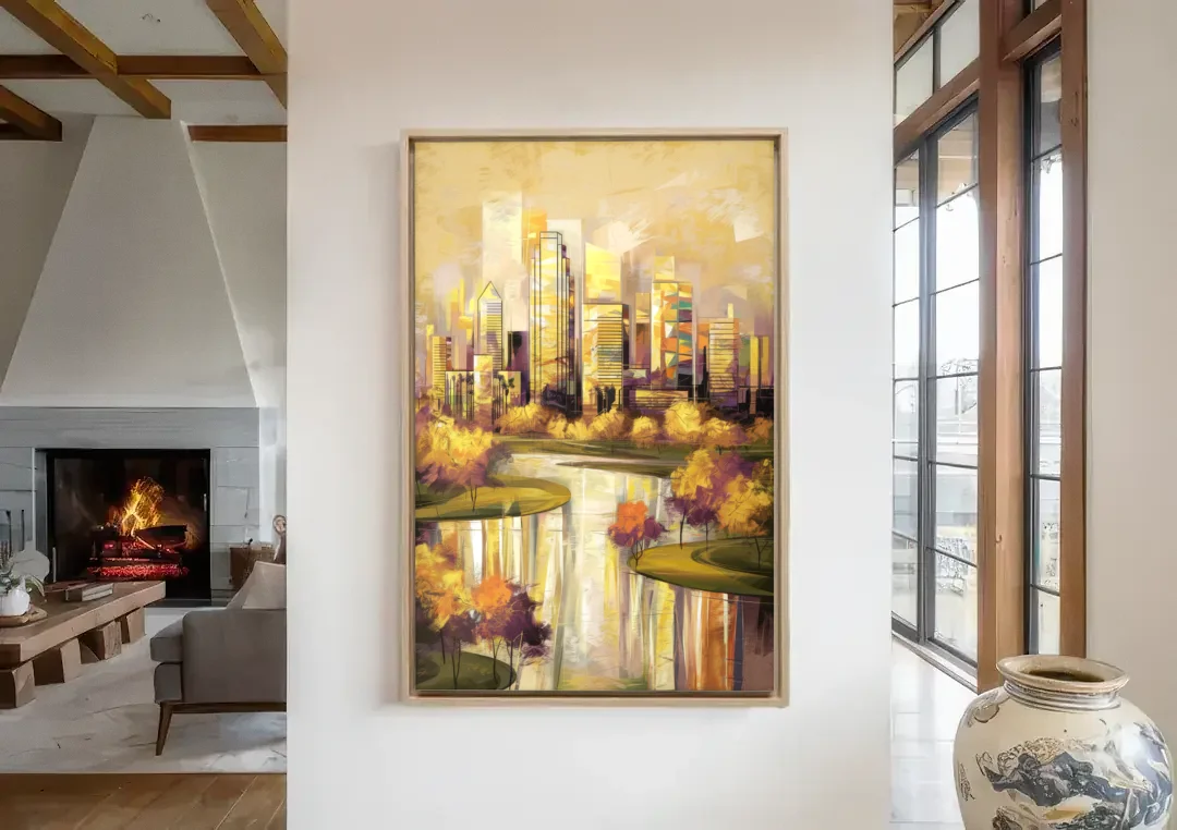 Irving Scenic Views canvas wall art in a living room with a fireplace