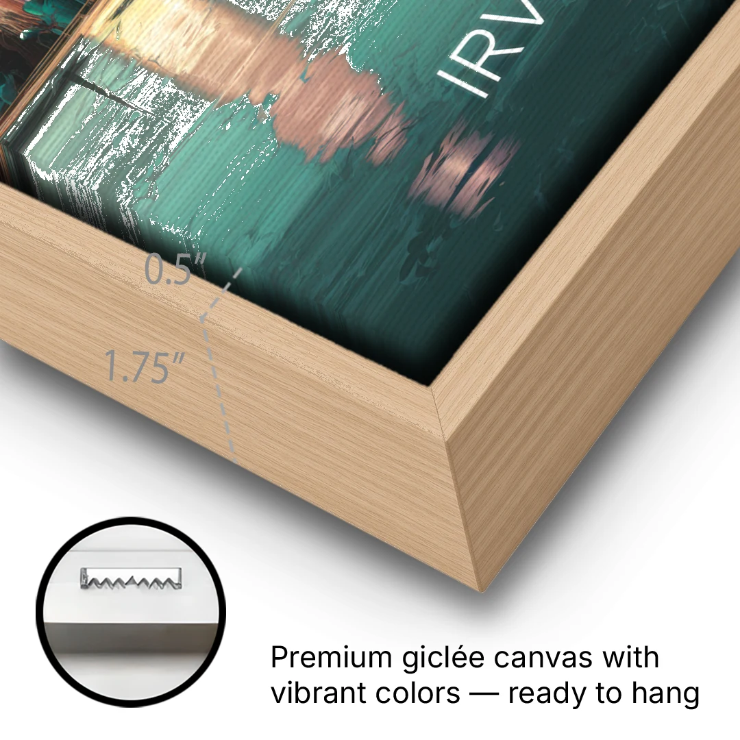 Irving Skyline Reflection - Oak Framed Canvas Wall Art - Gallery Wrap Corner