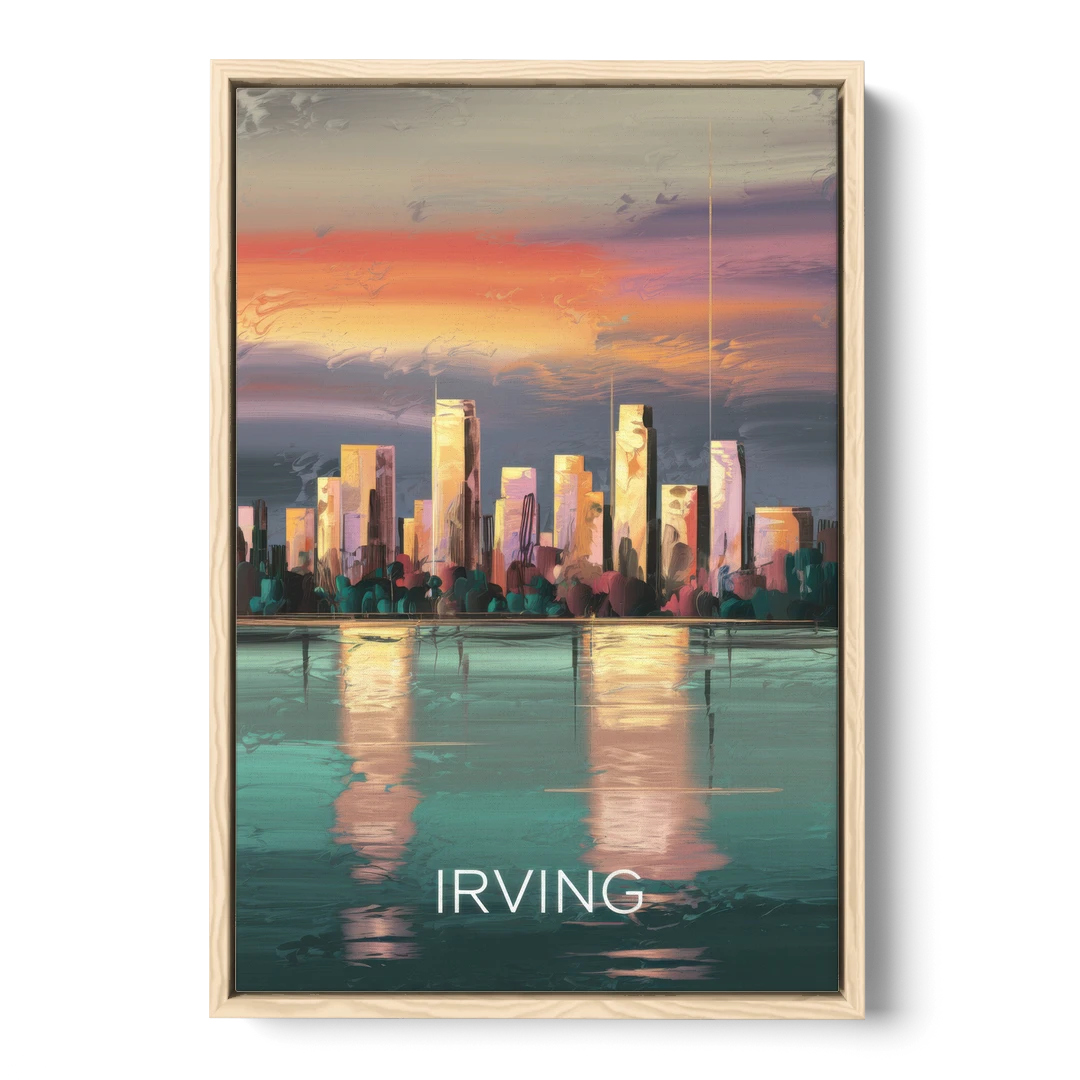 Irving Skyline Reflection - Oak Framed Canvas Wall Art - Front