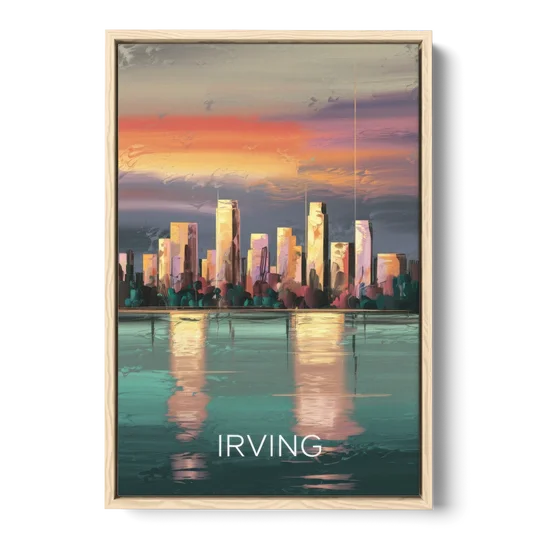 Irving Skyline Reflection - Oak Framed Canvas Wall Art - Front