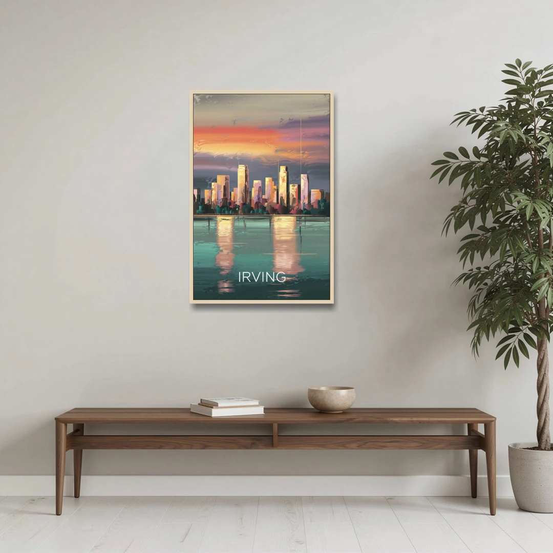 Irving Skyline Reflection - Oak Framed Canvas Wall Art - Coffee Table - 24x36