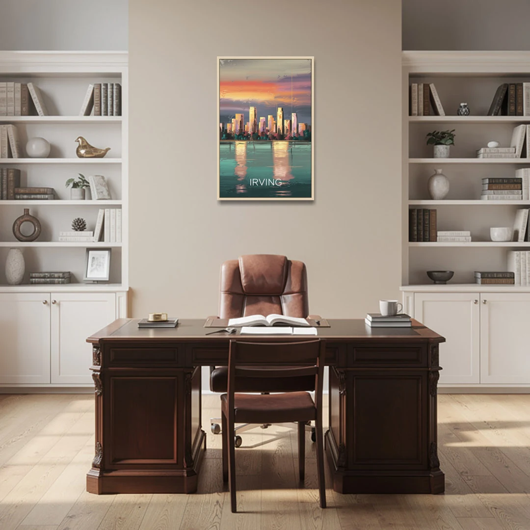 Irving Skyline Reflection - Oak Framed Canvas Wall Art - Office - 24x36
