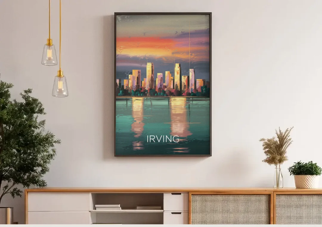 Irving Skyline Reflection canvas wall art above a wooden sideboard under pendant lights