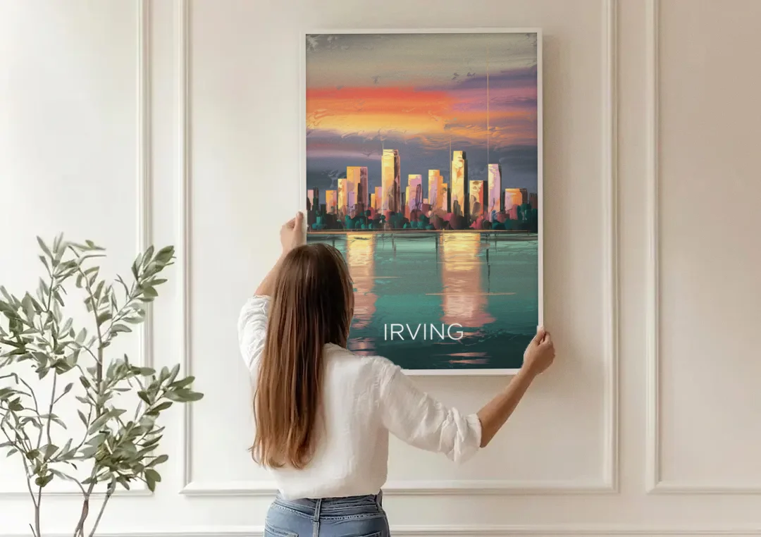 Irving Skyline Reflection canvas wall art being hung on a paneled wall