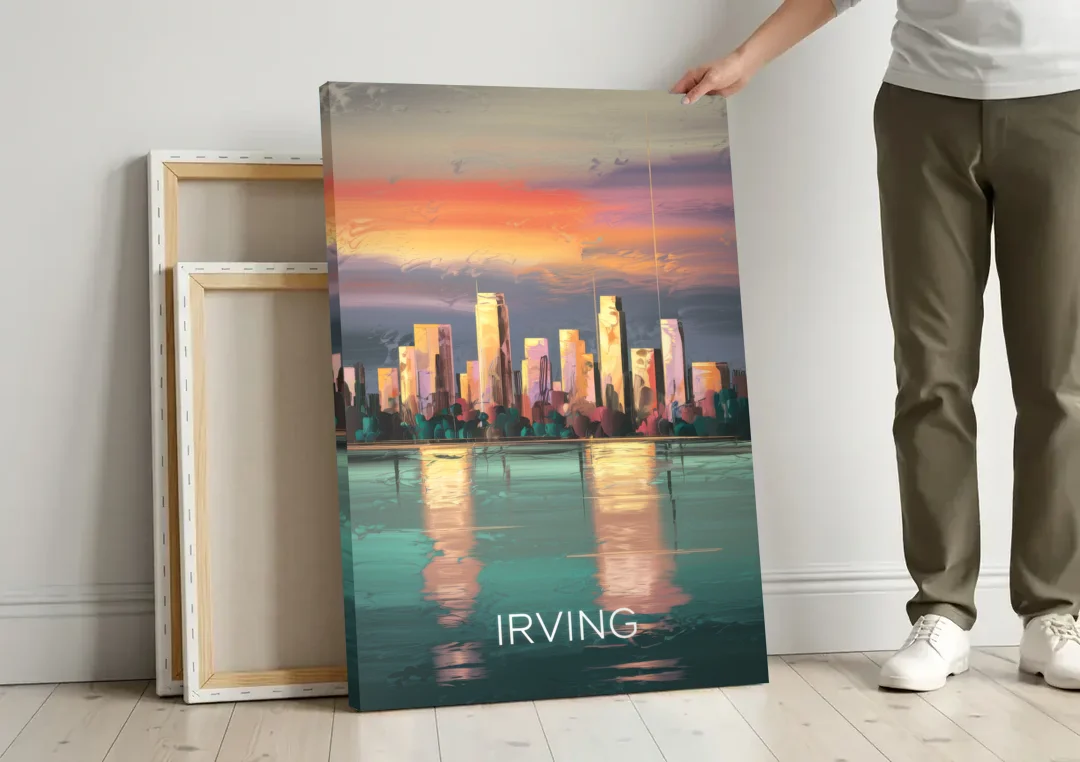 Irving Skyline Reflection canvas wall art leaning against a wall next to blank canvases
