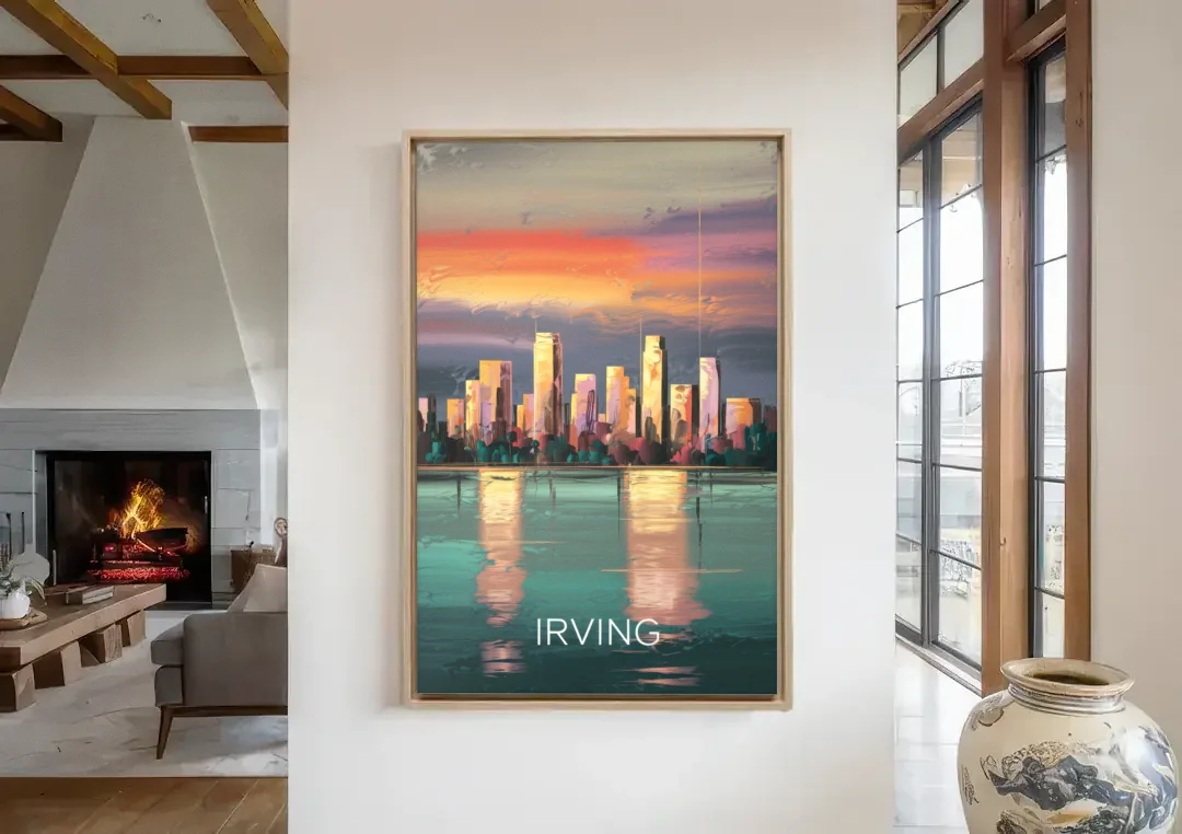Irving Skyline Reflection canvas wall art in a living room with a fireplace
