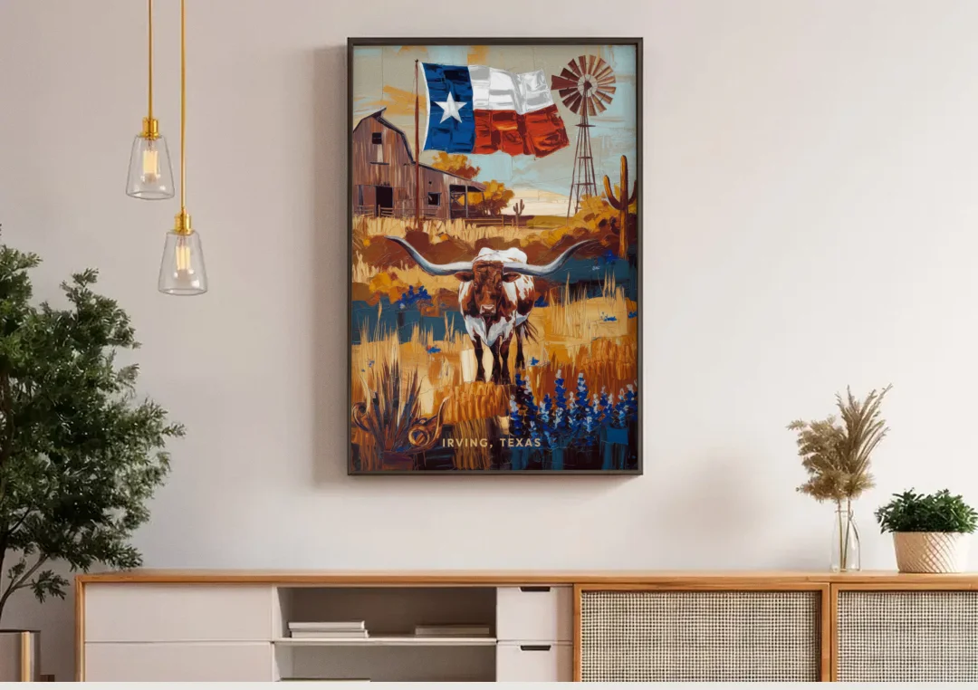 Irving Texas Pride canvas wall art above a wooden sideboard under pendant lights