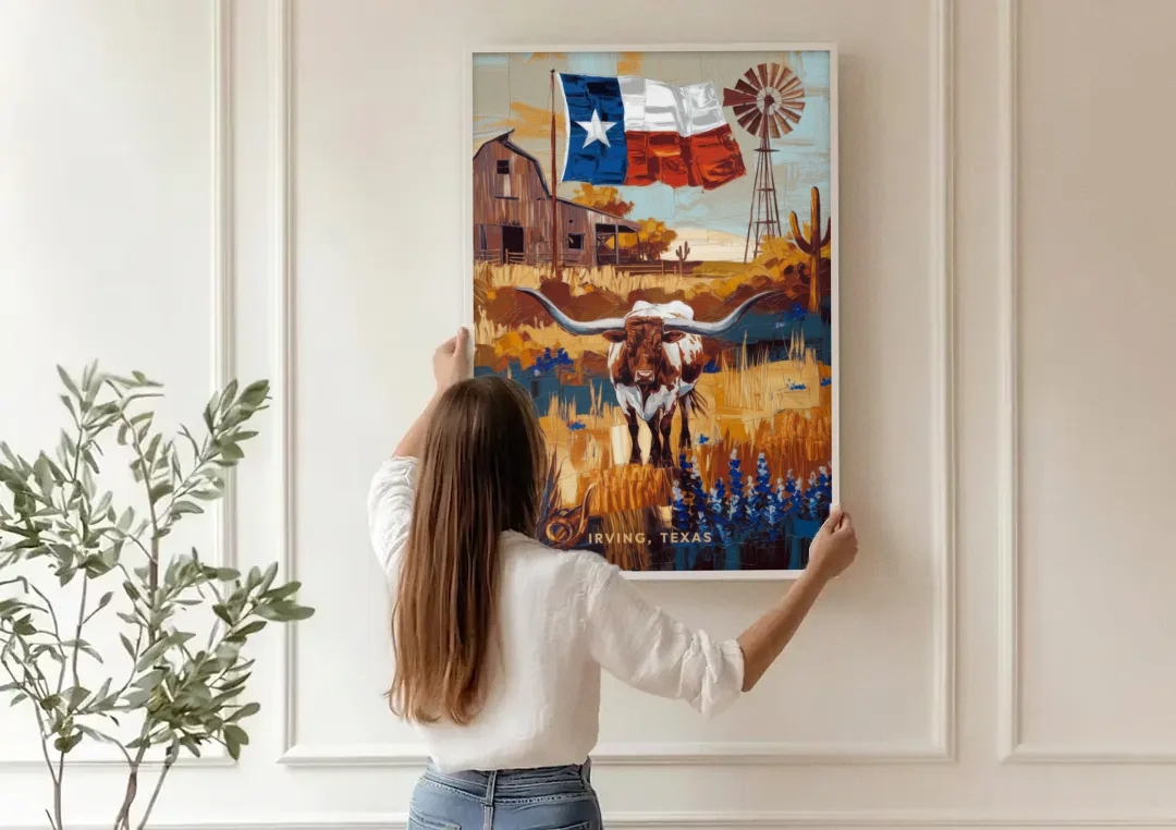 Irving Texas Pride canvas wall art being hung on a paneled wall